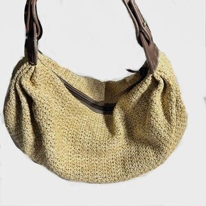 Ann Taylor LOFT Straw Hobo Handbag Bag Beige Brown Trim Boho Chic Summer Beachy
